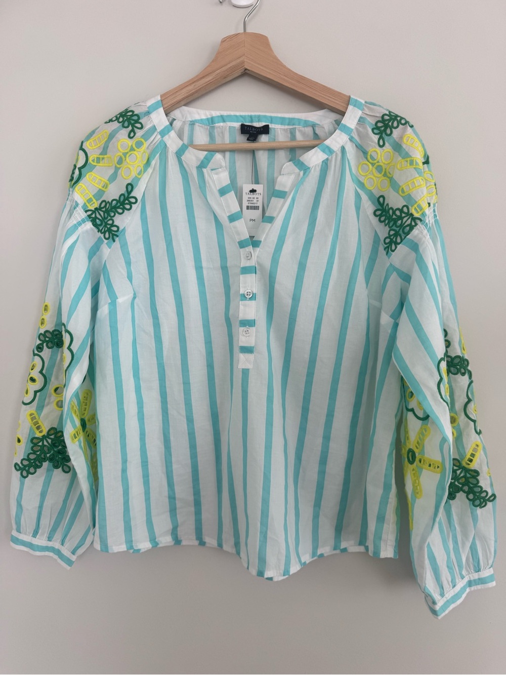 NWT - Talbots Aqua and White‎ Striped Embroidered Henley Blouse 🌼